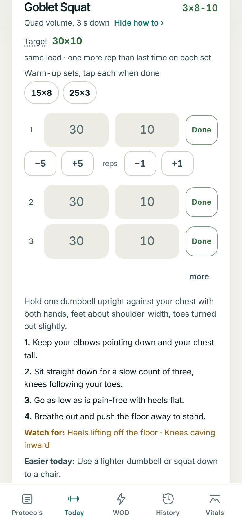 A Goblet Squat card with How to do it open: how to hold the dumbbell, four numbered steps, what to watch for, and an easier option for today