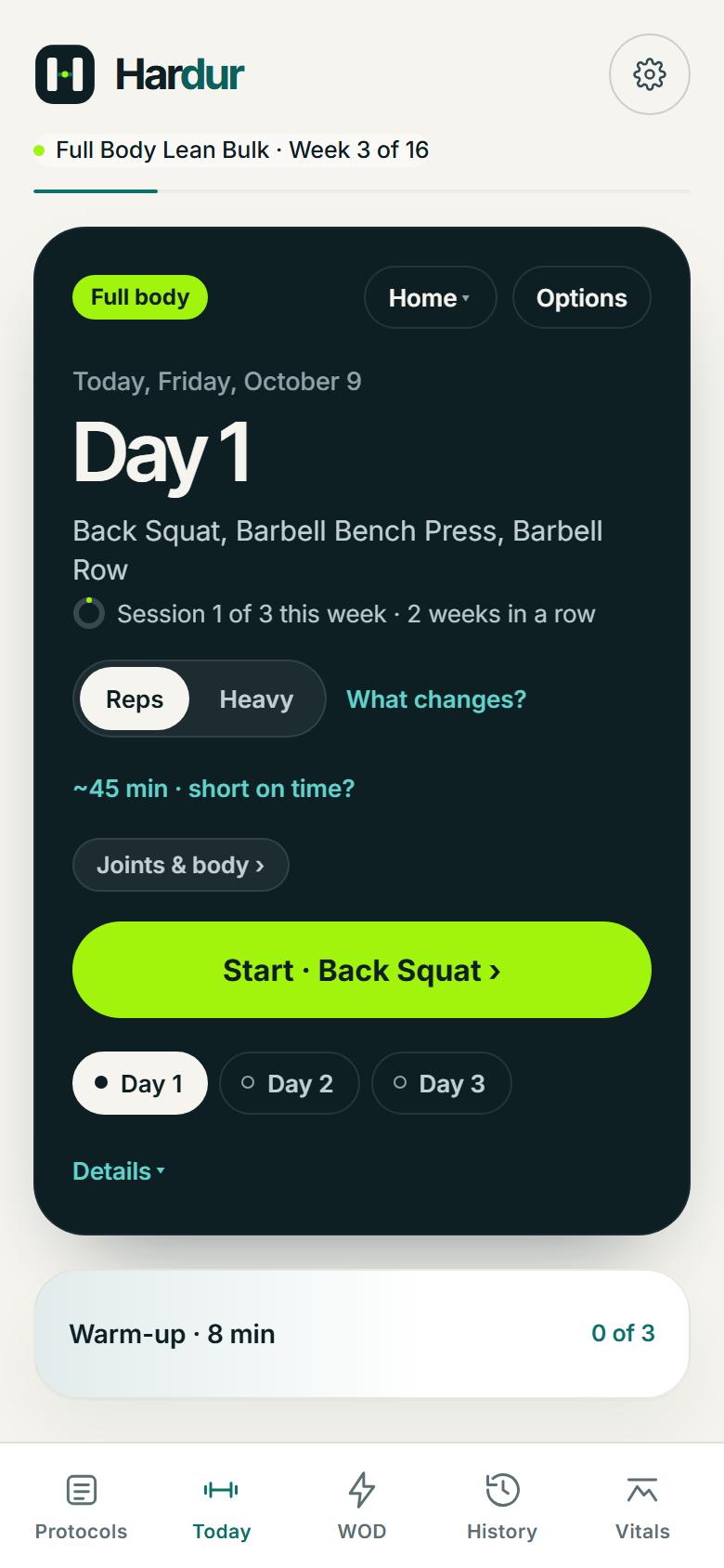 The Hardur Today screen: Full Body Lean Bulk, week 3 of 16, Day 1, session 1 of 3 this week, about 45 minutes, and a green Start button